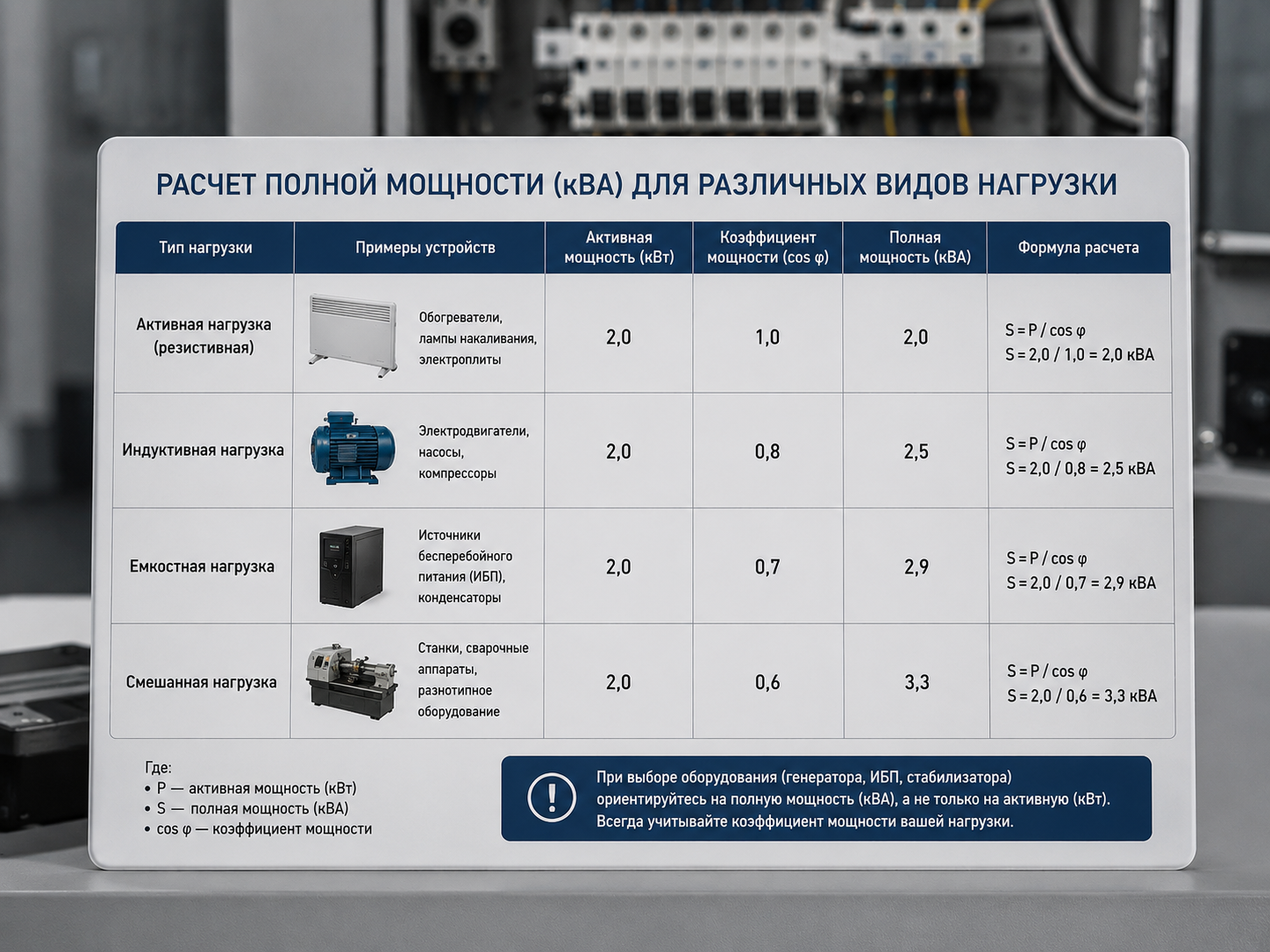расчет полной мощности для различных видов нагрузки